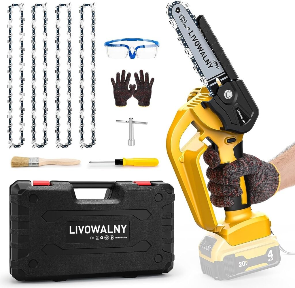 2 pcs 6inches chains and Cordless Mini Chainsaw for Dewalt 20v Battery, Small Chain Saw with Brushless Motor and Security Lock, LIVOWALNY 6 Handheld Electric Chainsaw