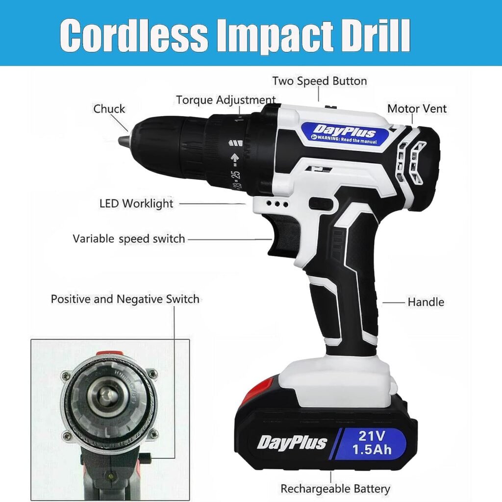 21V Cordless Drill Driver Screwdriver with 1500mAH Li-ion Battery, 2 Variable Speed 25+1 Torque Setting with LED Light, Portable Rechargeable Impact Drill Tool Kit with Storage Case for Home DIY