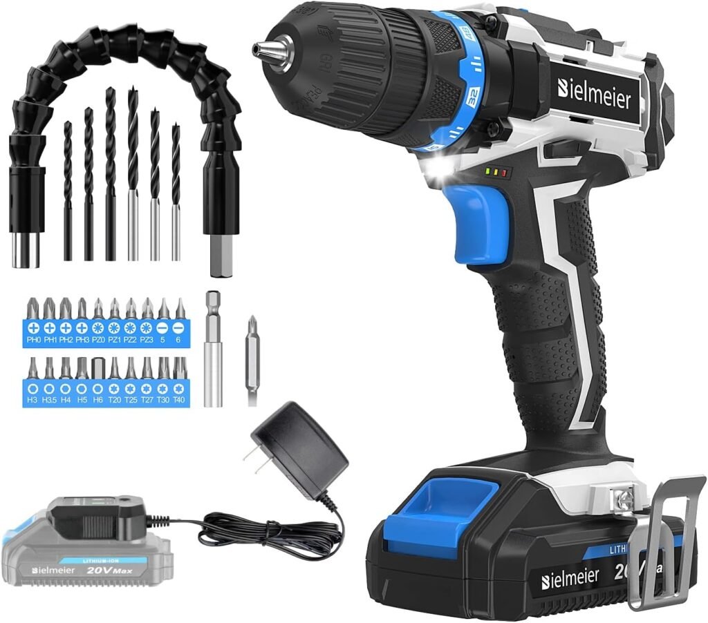 Bielmeier 20V MAX Cordless Drill Set, Power Drill Kit with Lithium-Ion and Charger,3/8 Ches Keyless Chuck, Variable Speed, 64+1 Position,Electric Drill With 29PCS Drill Bits and Led Worklight
