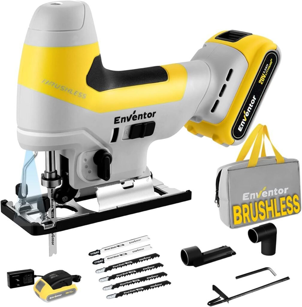 Brushless Jig Saw, ENVENTOR 20V Cordless Jigsaw Tool with LED Light, 3000RPM, 6 Variable Speeds, 4 Orbital Sets, Bevel Cutting ±45°, 6Pcs Blades for Wood, Metal and Plastic