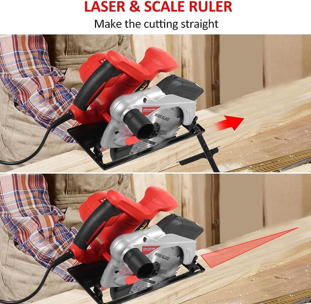 Circular Saw, 1500W Powerful Circular Saws with Laser Guide, 4700RPM Compact Circular Saw with 2 Saw Blades (24T+ 48T)7-1/4 Hex Wrench, 0-90° Bevel Adjustment, Electric Saw