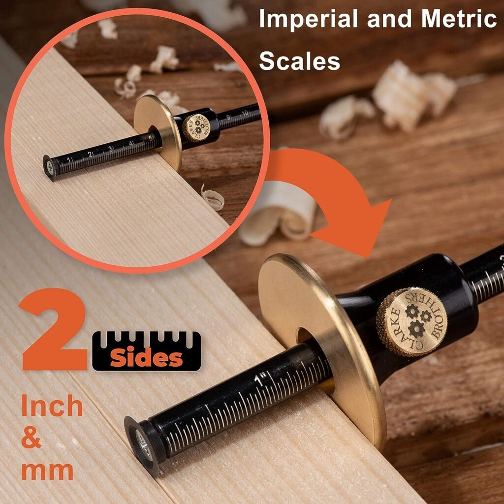 clarke Brothers Wheel Marking Gauge - Woodworking Marking Scriber Kit With 2 Replacement Cutters - Wood Marking Tools With Graduated Inch  MM Scale - Solid Metal Bar Wood Scribe Tool For Carpenter