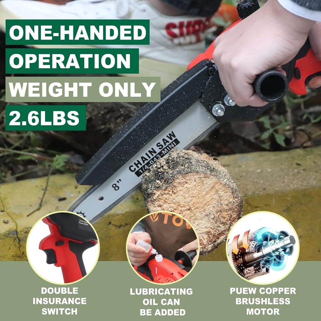 Cordless Mini Chainsaw and Battery Adapter, T TOVIA 8 Inch Brushless Electric Chain Saw, Handheld Chainsaw for Wood Cutting, Farming, Gardening, Tree Branch Trimming