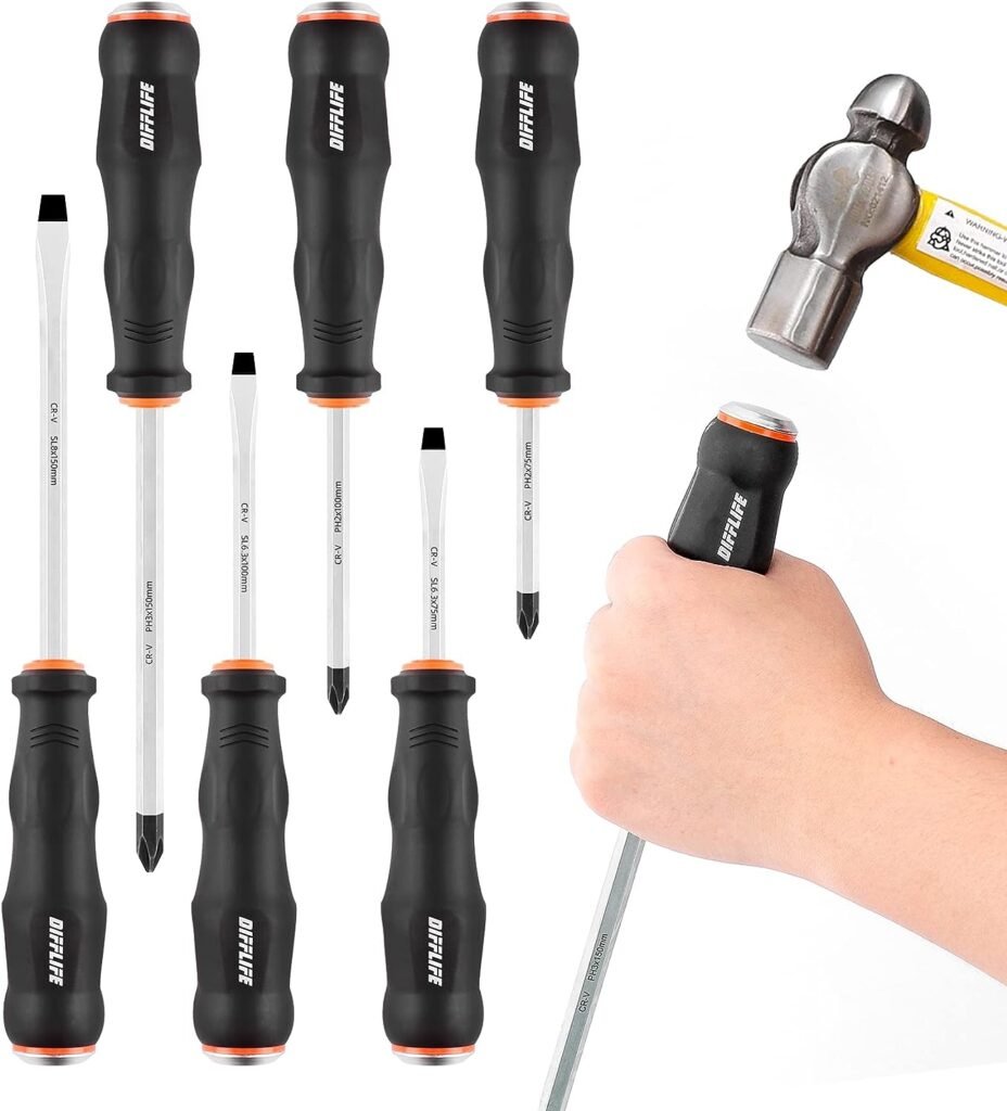 DIFFLIFE Heavy Duty Screwdriver Sets Screwdriver Kit 6-Piece, Professional Cushion Grip Insulated Magnetic Tip Electrician Screwdriver Kits (6-Piece)