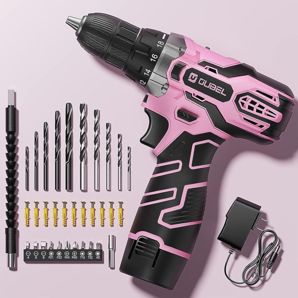 Drill Set, OUBEL 12V Cordless Drill Pink with 42 Acessories, Pink Power Drill Cordless with 3/8 Keyless Chuck, Built-in LED, 2 Variable Speed, Pink Drill for DIY Home Projects, Around the House