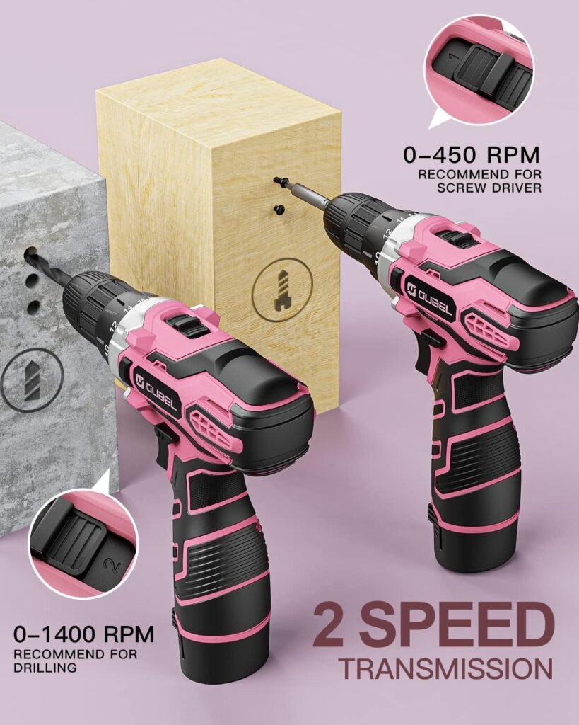 Drill Set, OUBEL 12V Cordless Drill Pink with 42 Acessories, Pink Power Drill Cordless with 3/8 Keyless Chuck, Built-in LED, 2 Variable Speed, Pink Drill for DIY Home Projects, Around the House