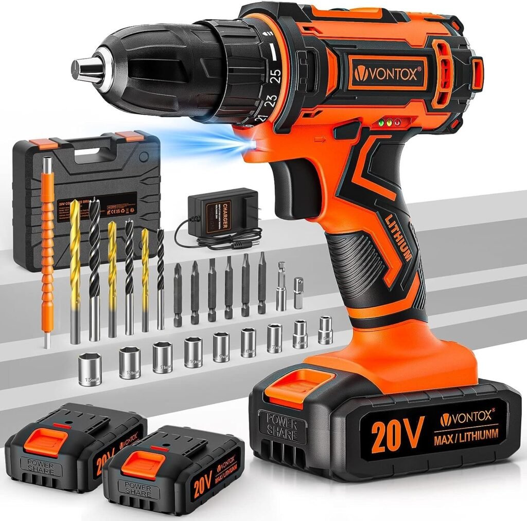 Drill Set, V VONTOX 20V Cordless Drill with 2 Batteries 2.0AH  Fast Charger, Home Power Drill 3/8 Keyless Chuck, 370 In-lb Torque, 2 Speed, 25+1 Position, 24pcs Drill for Fathers Day Gift