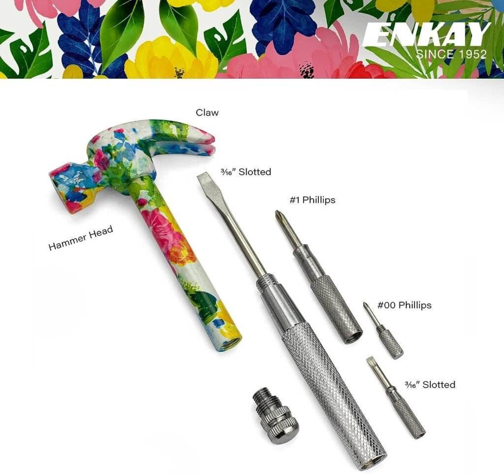 ENKAY - 6 in 1 Floral Hammer and Screwdriver, Multifunction Claw Hammer Tool with Flower Print (Pattern 1)