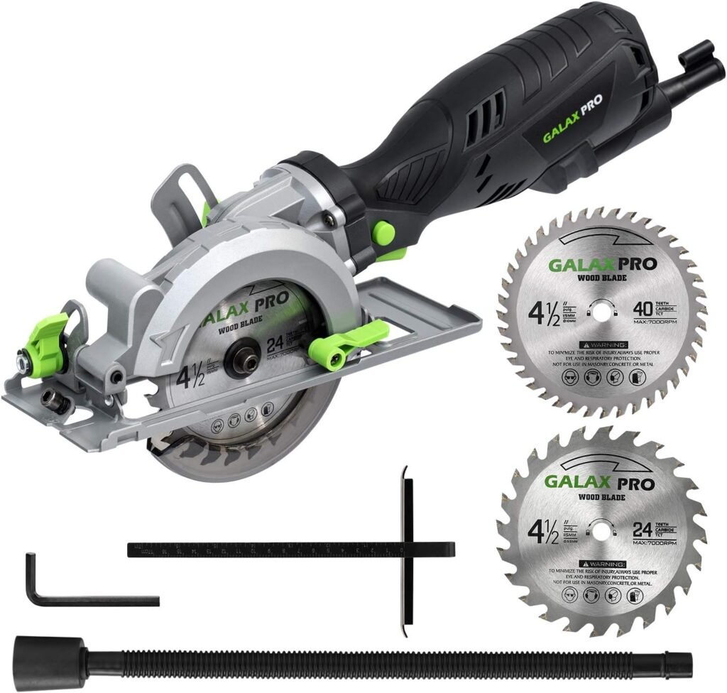GALAX PRO 5.8 Amp 3500 RPM Circular Saw, Max. Cutting Depth 1-11/16(90°),1-1/8(45°）Compact Saw with 4-1/2 24T and 40T TCT Blades, Vacuum Adapter, Blade Wrench, and Rip Guide