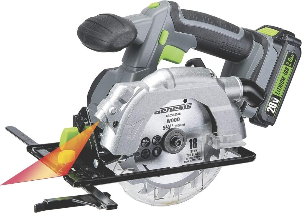 Genesis GLCS2055A 20V Cordless Lithium-Ion Battery-Powered 5 1/2 Circular Saw with Built-In Laser Guide, Electric Brake, 18T Carbide-Tipped Blade, Rip Guide, Battery, Charger, and Blade Wrench , Grey