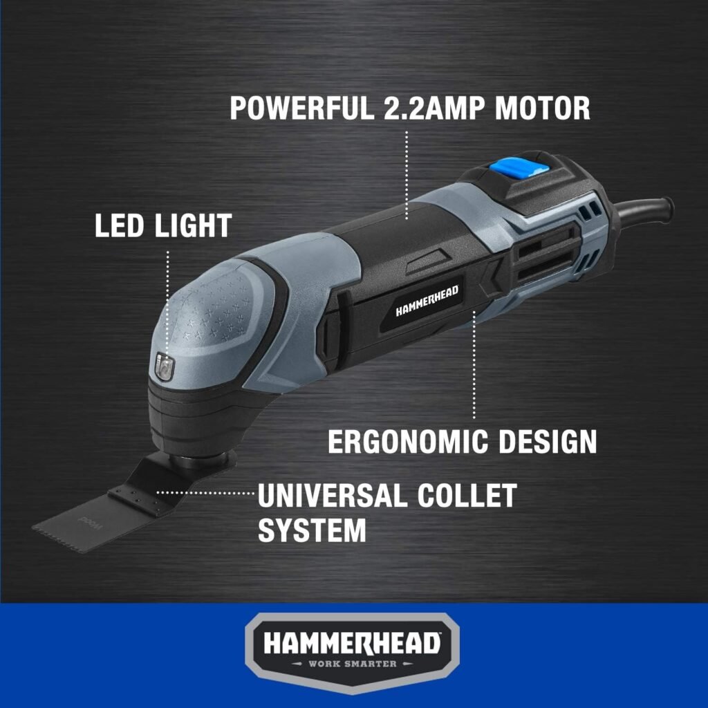 Hammerhead 2.2-Amp Oscillating Multi-Tool with 1pc Flush Cut Blade, 1pc Semicircle Saw Blade, 1pc Sanding pad, 3pcs Sanding Paper - HAMT022