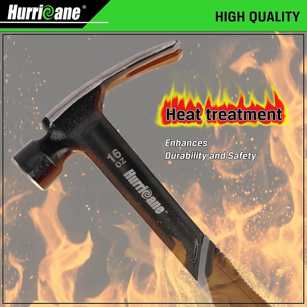 HURRICANE 16oz Framing Hammer, Straight Claw Hammer Forged and Heated Treated Carbon Steel with Magnetic Nail Holder, Ergonomic Non-slip Handle
