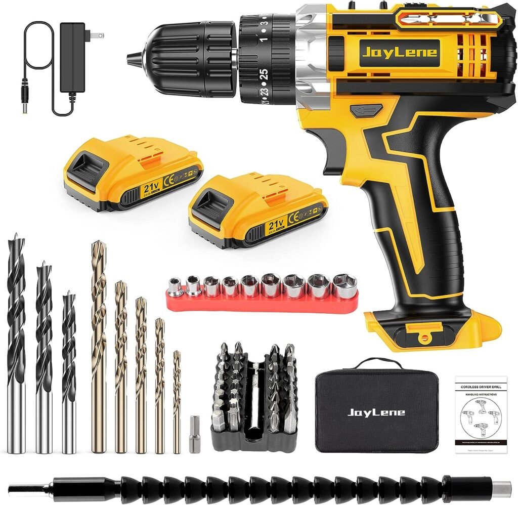 JayLene 21V Cordless Drill Set, Power Drill 59Pcs with 3/8 Inch Keyless Chuck, 25 3 Clutch Electric Drill with Work Light, Max torque 45Nm, 2-Variable Speed  2 Batteries and Fast Charger