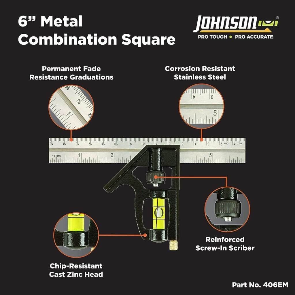 Johnson Level Tool 406EM Professional Inch/Metric Combination Square, 6, Silver, 1 Square