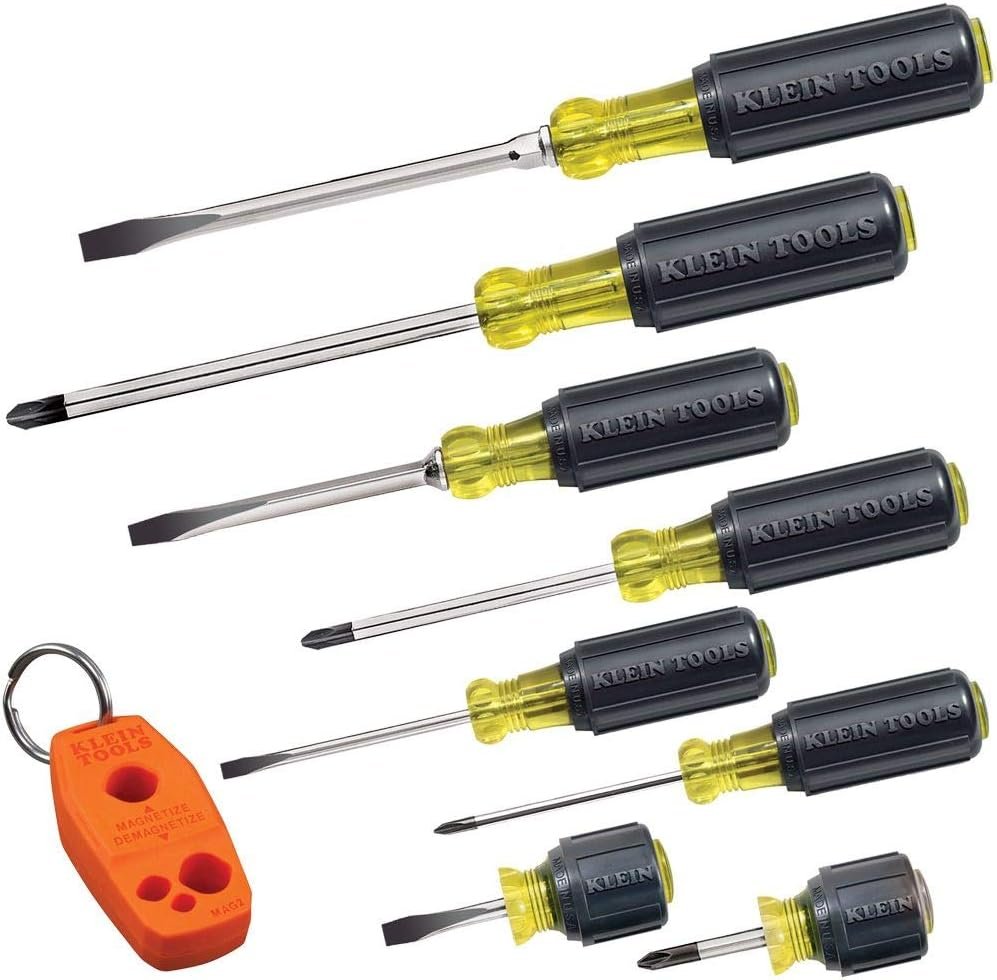 Klein Tools 85148 Screwdriver Set with Magnetizer / Demagnetizer for Magnetic Tips, Flathead and Phillips, Non-Slip Cushion Grip, 8-Piece