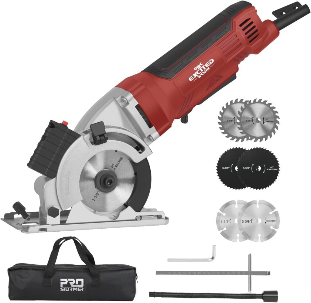Mini Circular Saw, Excited Work 4.5Amp Compact Circular Saw, 5000RPM, 6 Blades (3-3/8”), Max Cutting Depth 1-11/16” with Laser Guide, Scale Ruler, for Wood, Soft Metal, Tile and Plastic Cuts
