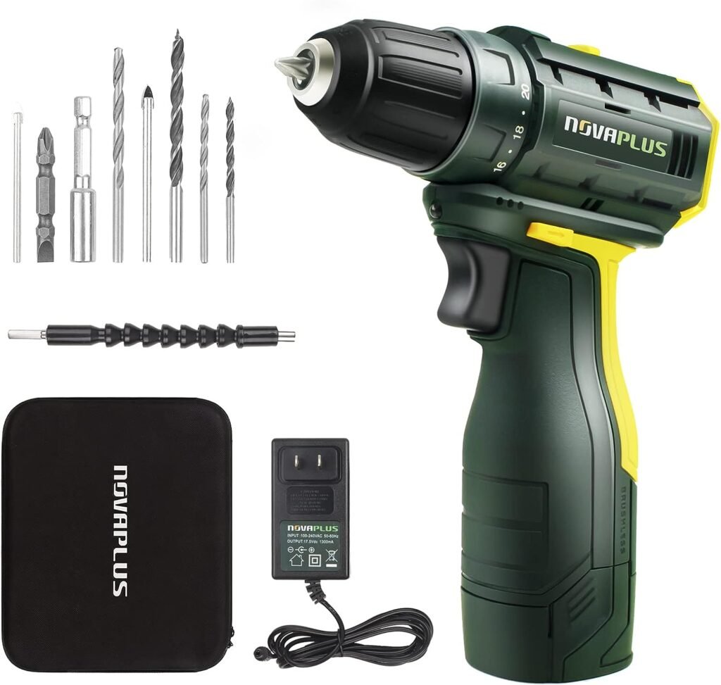 NOVAPLUS Cordless Drill Set, Brushless Power Drill Kit with Fast Charger, 3/8 Keyless Chuck and Variable Speed, Your Home Repairing Tool