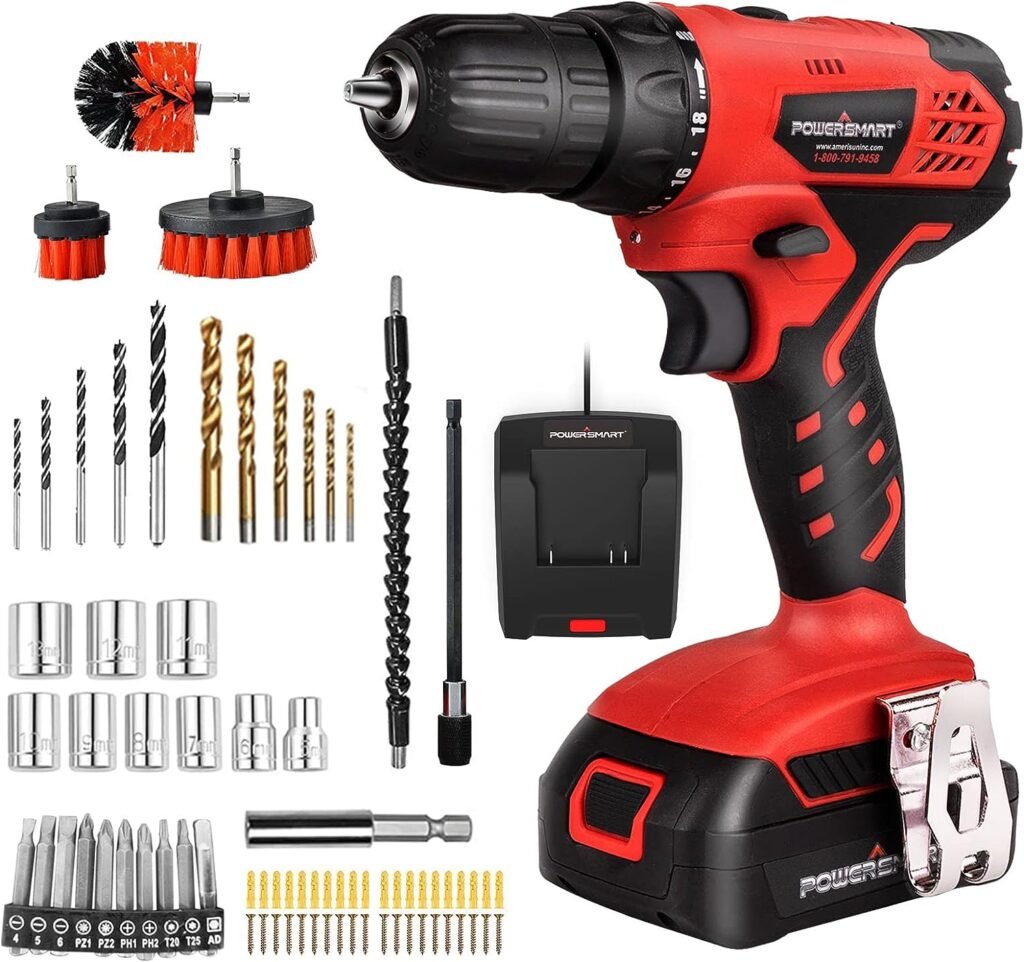 PowerSmart Drill Driver, 20V Cordless Drill Driver w/Brushes, 300 in-lb Torque Impact Drill Driver, 3/8 Chuck, Power Drill Driver Built-in LED, 1.5Ah Lithium-Ion Battery  Charger Included, PS76430A
