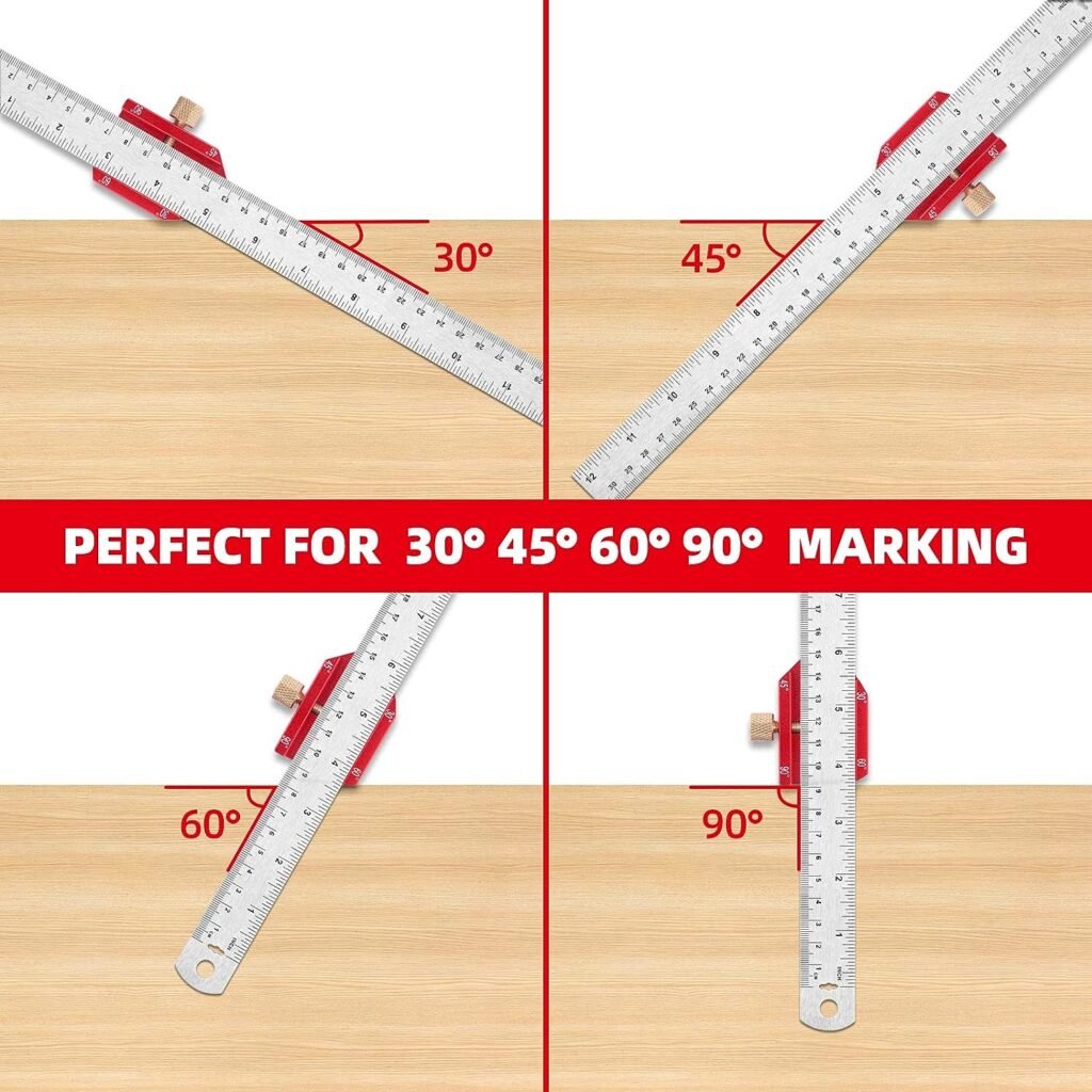 SLERFT Woodworking Ruler,Marking Gauge Stop Ruler, Marking Ruler with Stop Locator,12 Combination Angle Carpenters Square for Marking 30°/45°/60° /90° for Woodworking, DIY, Crafts