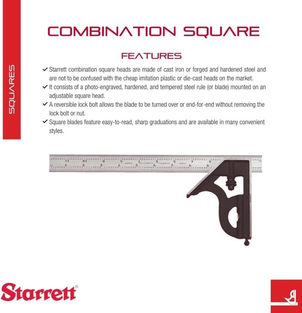 Starrett Steel Combination Square with Square Head - 12 Blade Length, Cast Iron Heads, Reversible Lock Bolt, Scriber, Spirit Level, 4R Graduation Type - 11H-12-4R