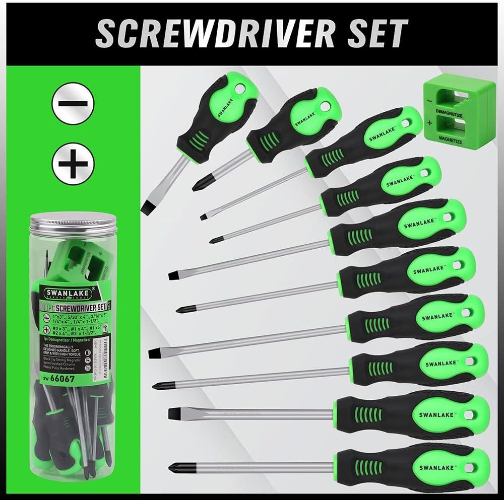 SWANLAKE 11PCS Screwdriver Set, Magnetic 5 Phillips and 5 Flat Head Tips for Fastening and Loosening Seized