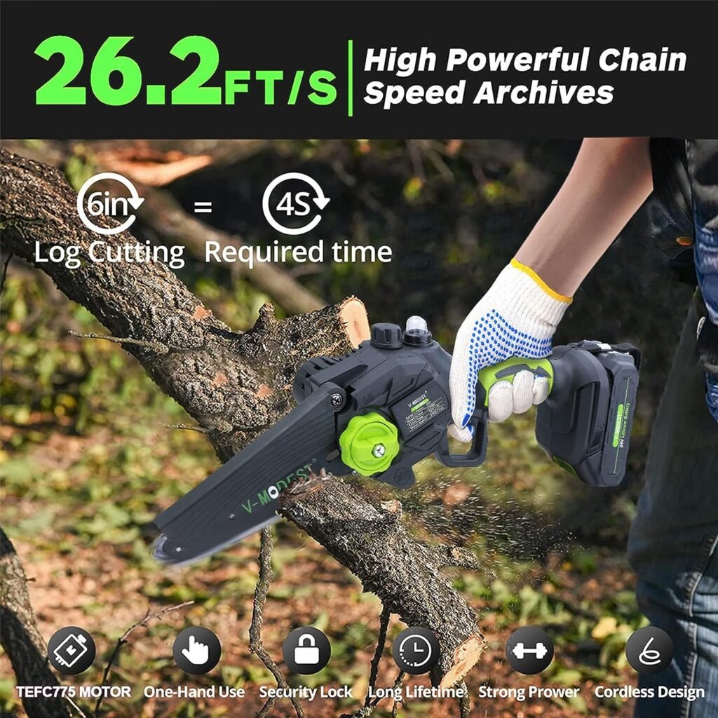 V-MODSET Left/Right Handheld Mini Chainsaw Cordless with Auto-Oiler 5 Chains, 6‘’ Chain Saw with 2 * 21V Batteries,Two-way Safety Switch,26.2FT/s,Small Chainsaw for Wood Cutting Branch Pruning