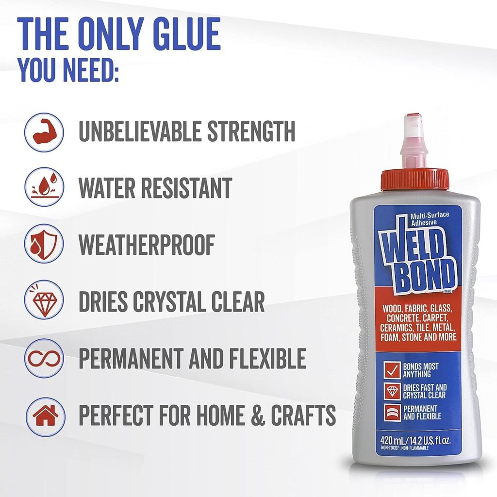 Weldbond Multi-Surface Adhesive Glue, Bonds Most Anything. Use as Wood Glue or on Fabric Glass Mosaic Carpet Ceramic Tile Metal Stone  More. Non-Toxic, ​Dries Crystal Clear 14.2oz /420ml