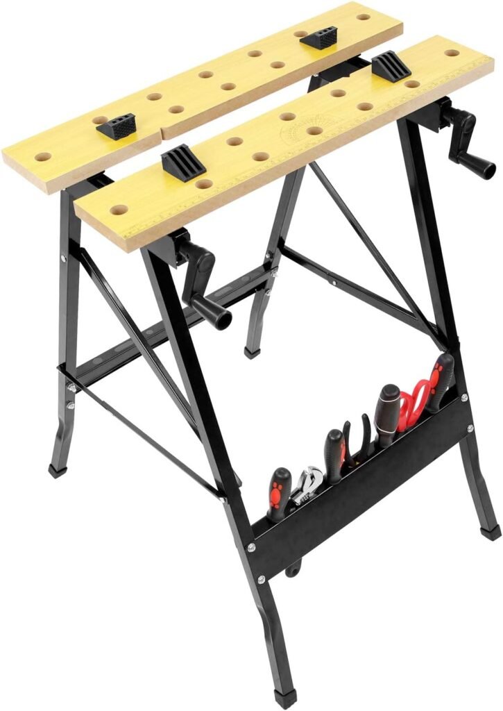 Work-It! Portable Workbench, Folding Carpenter Saw Table with Adjustable Clamps - Easy to Transport with Heavy-Duty Steel Frame, 150 Lbs Capacity