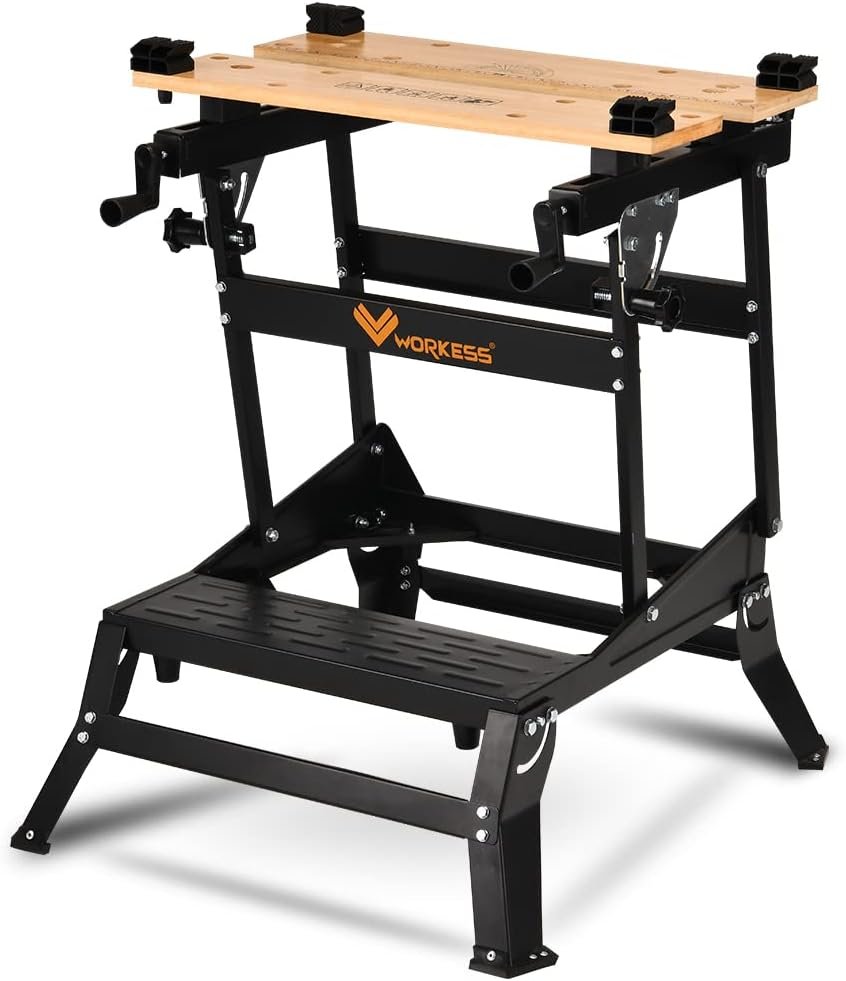 WORKESS Portable Workbench, 440 Lbs Load Capacity 4 Height Folding Workbench with Clamps, Bamboo Worktop, Quick Adjustment Vise, Precise Ruler and Angle Compass for Wood Work Projects