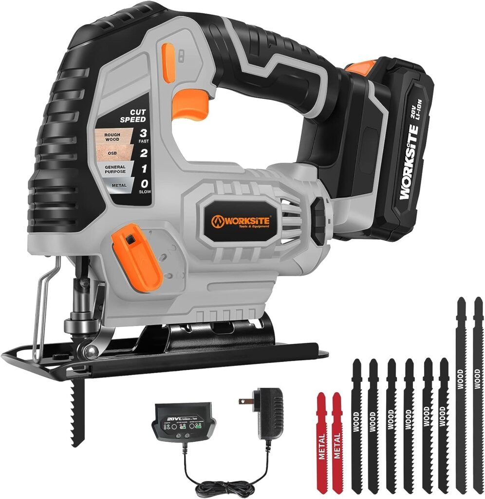 WORKSITE Cordless Jig Saw, 20V Lithium Ion Jigsaw with LED Light, 4 Orbital Settings and 3000 SPM Variable Speeds, 10Pcs T-shaped Cutting Blades, Battery  Charger Included