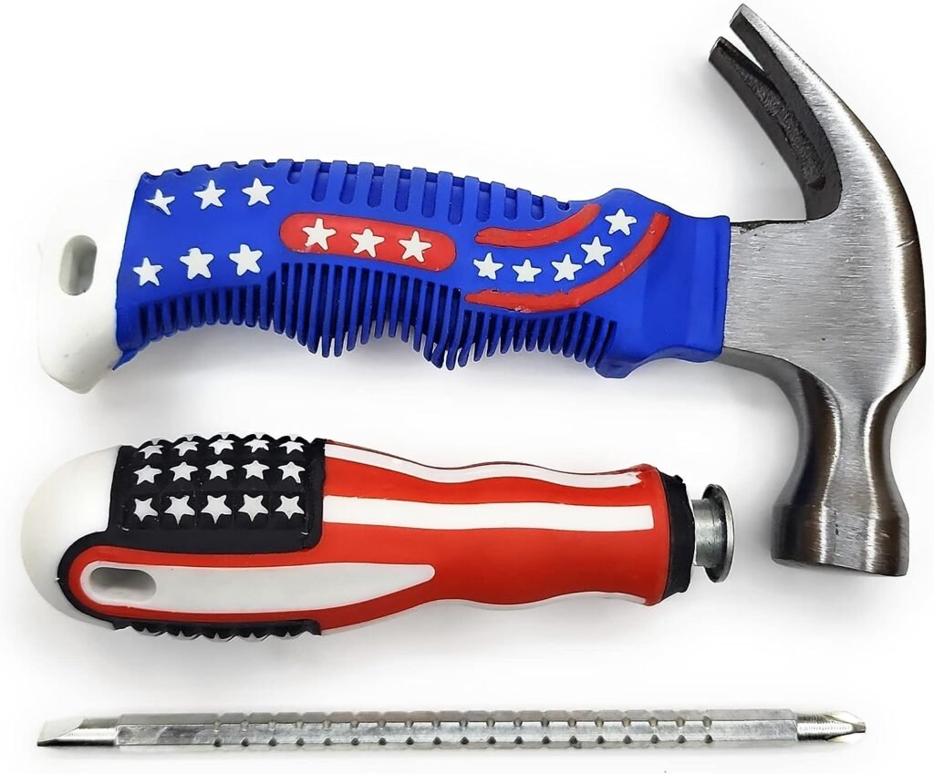 ZEBA 8 OZ Small Claw Hammer Mini Stubby Hammer, Nail Tool with 2 in 1 Adjustable-Length Phillips Head and Flat Head Multi Screwdriver USA Flag Handle, Comfortable Soft Handle